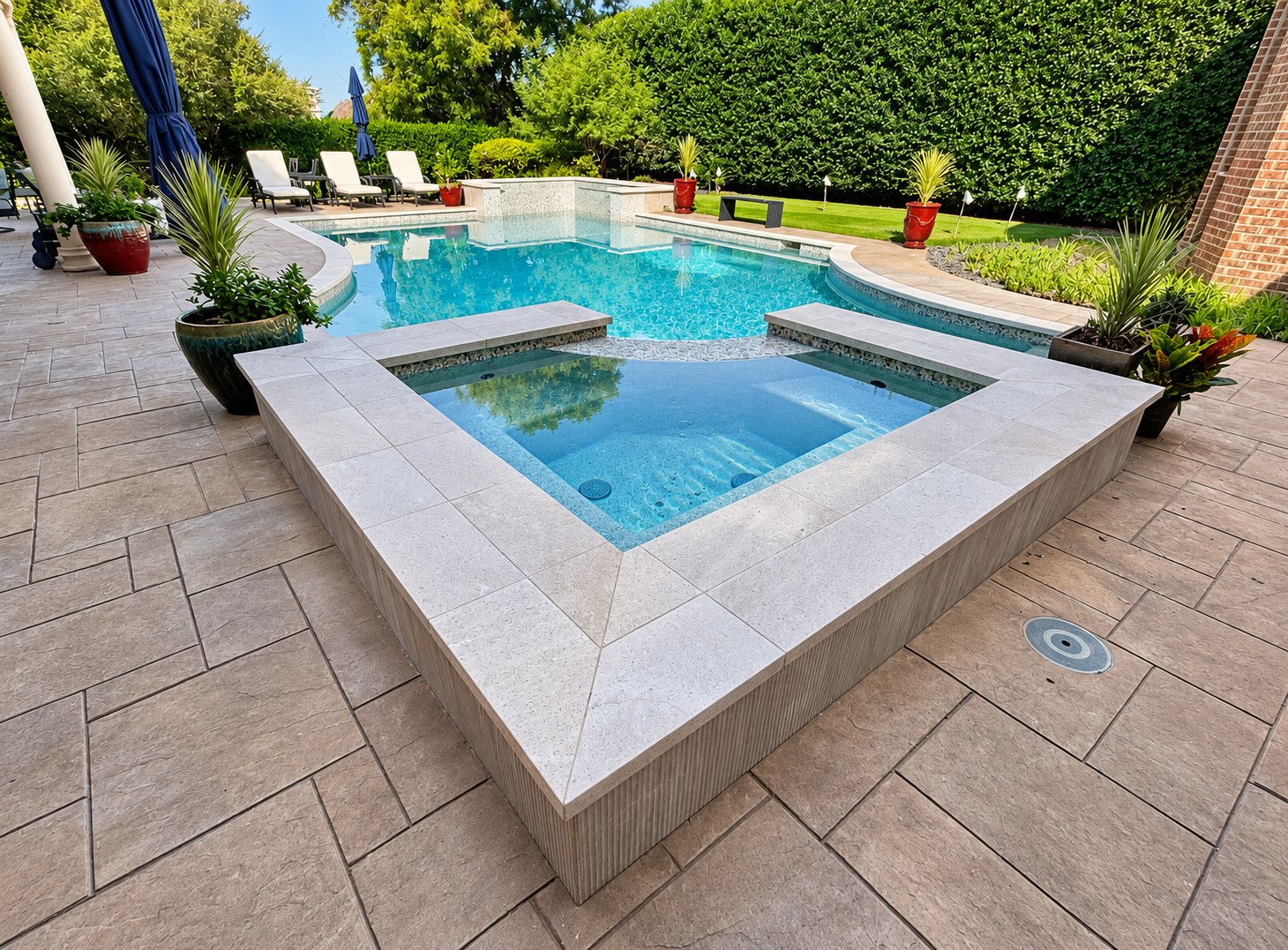 Completed pool and raised spa with clear blue water